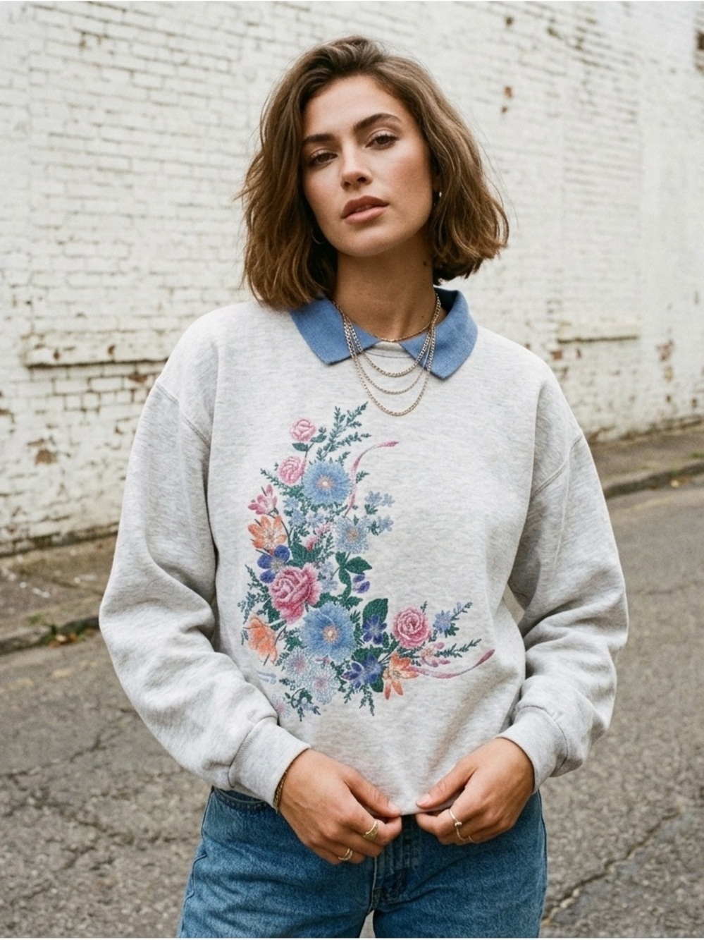 Vintage Morning Sun Grandma Collared Sweatshirt Granny Floral Made in USA L